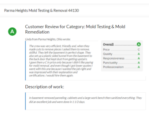 Parma Heights Mold Inspection & Mold Removal Customer Review